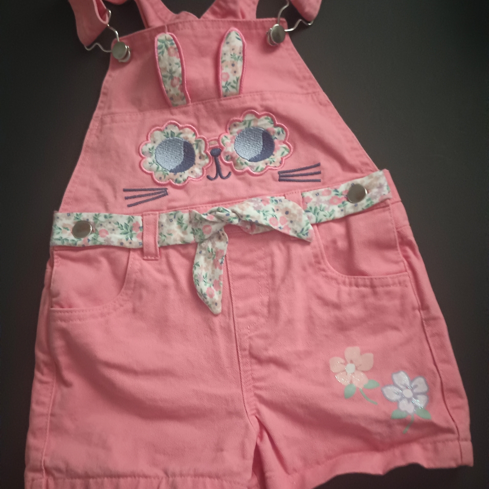 Little Lass Pink Bunny Floral Short Overalls